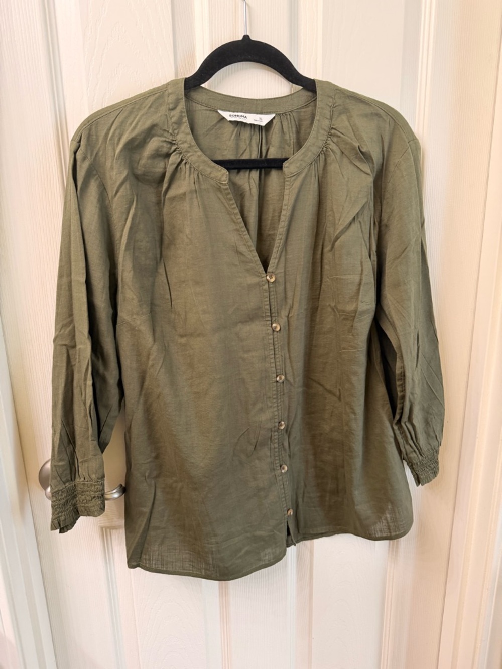 EUC Sonoma Olive Green Button-Down Peasant Blouse XL